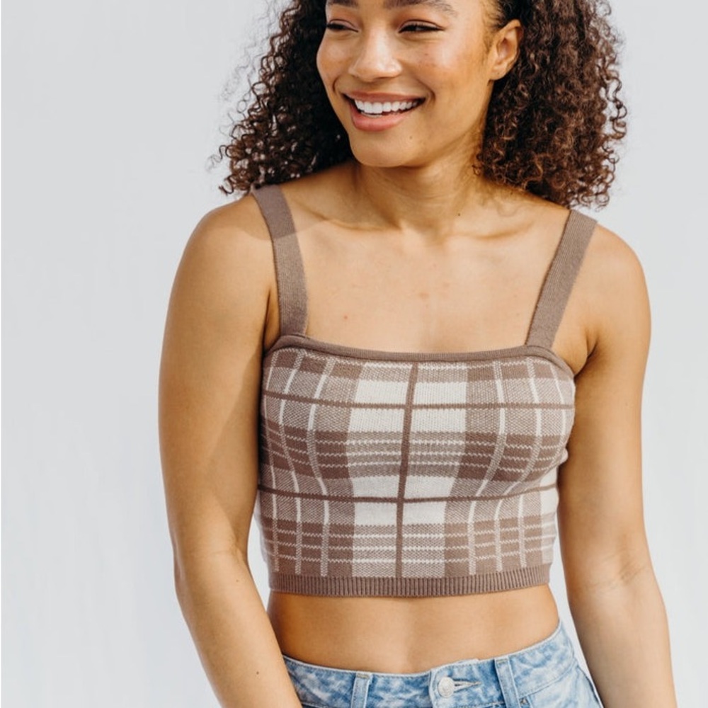 Love Tree Plaid Crop Top - Brown and Cream nwot